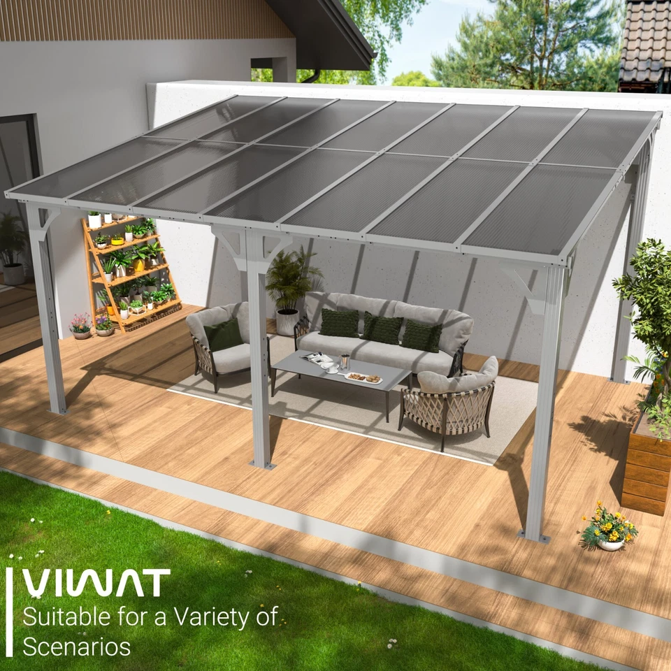Gazebo montado en la pared de 10x14 pies, pérgola empalmable, marco de aluminio para patio, gris Foto 3 de 4