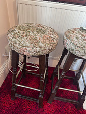 Set of 2 Dark Wood Bar Stools Floral Tapestry Upholstered Seats Footrest