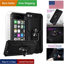 Black Heavy Duty iPod Touch 7/6/5 Case with 360 Kickstand Tempered Film