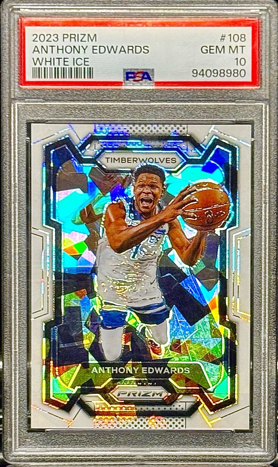 Anthony Edwards PSA 10 - 2023 Prizm #108 WHITE ICE /35 - Minnesota Timberwolves view 3