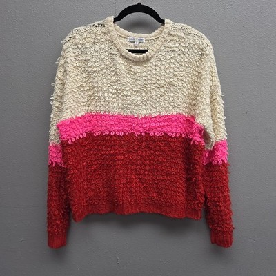 Woven Heart Sweater Womens Medium Cream Pink Red Colorblock Boucle Loop Knit
