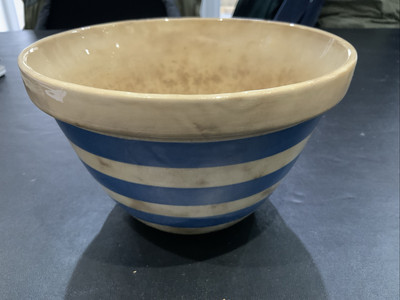 Vintage gelbe Ware Steingut Rührschüssel blaue Streifen