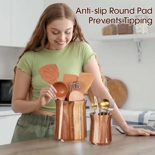 2 Pcs Wooden Utensil Holder 360° Rotating Kitchen Utensil Holder 7.3" and 5.7" 