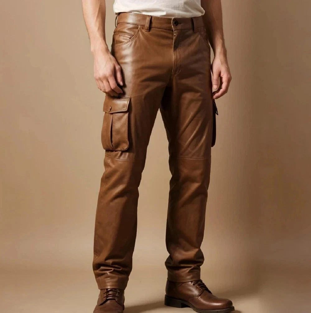 Men's Real Cow Soft Leather Brown Cargo Pant - Handmade Biker & Utility Trouser