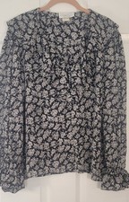 Gemilli Made in USA Women's Medium Black White Floral Ruffle Shoulder Blouse