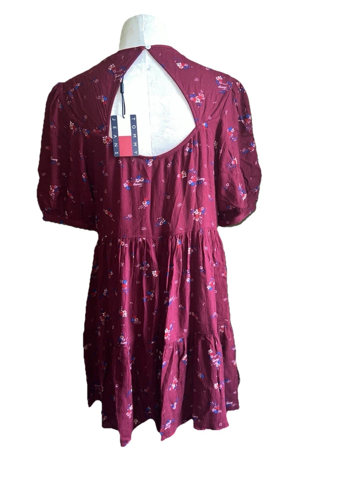 Tommy Jeans Burgundy Floral Print Tiered A-Line Short Sleeve Dress Sz SMALL, NWT thumbnail 14
