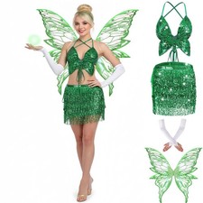 Fairy Costume Set Butterfly Wing Sequin Tassel Skirt Belly Dance Bra Top Glit...
