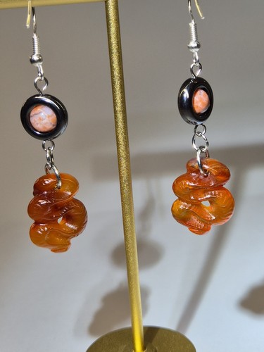 Natural Hand Carved Snake Agate And Hematite Earrings Stainless Steel - Picture 13 of 20