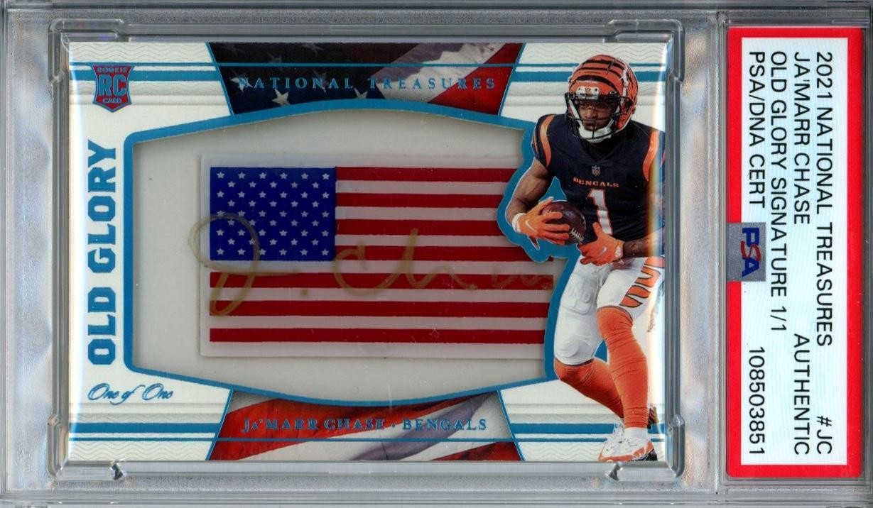 2021 National Treasures Ja'Marr Chase Old Golory Rookie Auto #1/1 PSA Auth D524