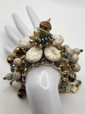 80's 3 Dimensional Stone Crystal Runway Bracelet Chunky Gold Tone Chain