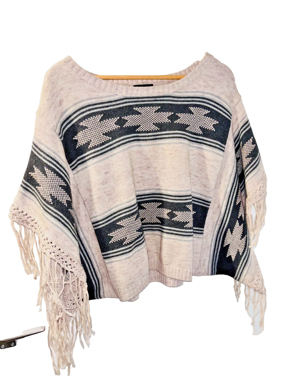 TopShop Cream & Black Southwestern Aztec Fringed Poncho Sweater-Size 12-14