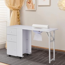 Foldable Manicure Table Nail Desk Station with Drawers  Cabinet  Wheels White