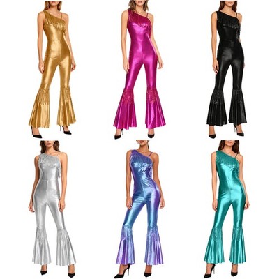 Women Bodysuit Long Rompers Shiny Jumpsuit 70s 80s Costume Vintage Clubwear