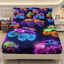 Monster Truck Fitted Sheet Set Twin XL Size,Cartoon Neon Truck Kids Bedding S...