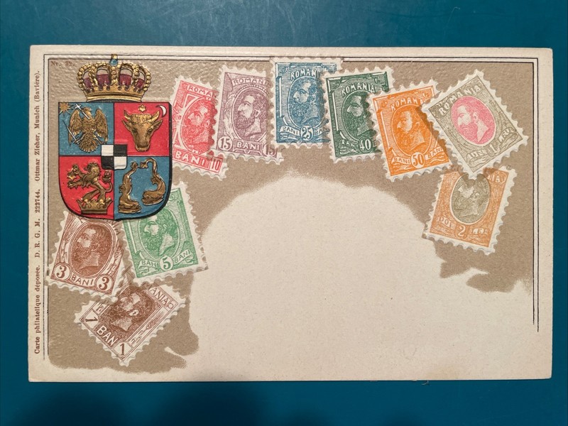 OTTMAR ZIEHER Romania STAMPS Postcard w/ Crest & Map, early 1900s, Embossed
