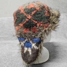 American Eagle Trapper Hat Wool Blend Faux Fur Ear Flaps Winter Cap Plaid OSFM