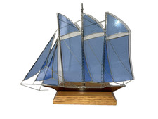 Gallery Art Stained Glass Sailing Yacht on Oak Display Sail Boat Schooner Blue