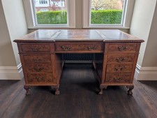 Antique Burr Walnut Twin Pedestal Desk | Leather Top | Ball & Claw Feet