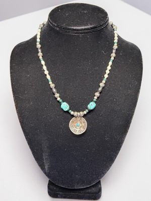 Navajo Artisan M Sterling Silver Turquoise Pearl Chunky Beaded Necklace 17.75''