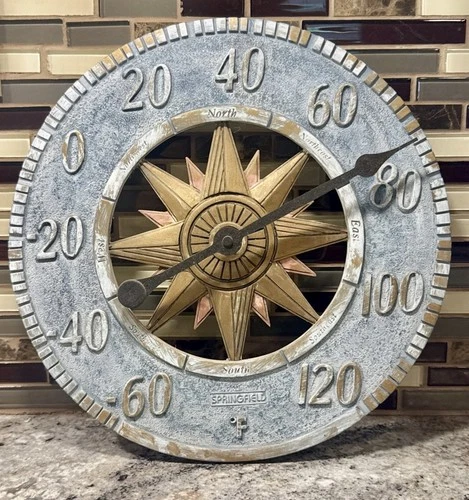 Springfield Stoneworks 10" Polystone Outdoor Compass Rose Thermometer Rustic
