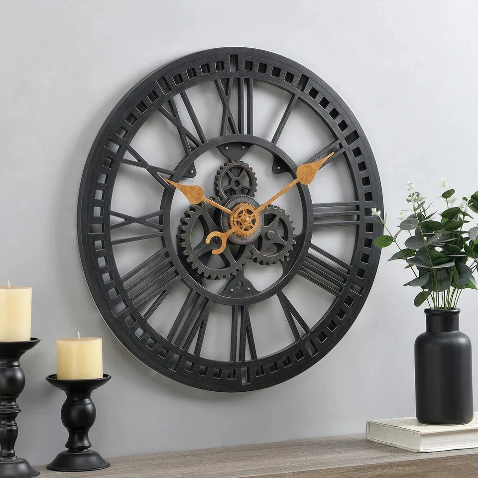 Reloj de pared grande engranajes cara abierta Steampunk ambiente industrial ligero plástico 24" Foto 4 de 4