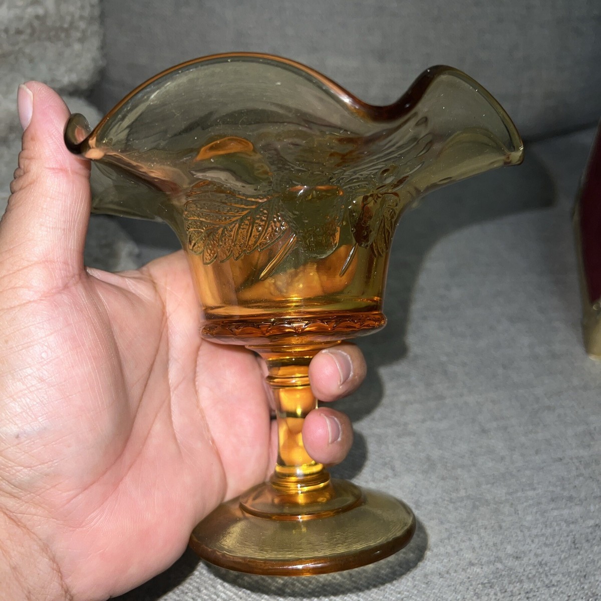 Vintage Tiara Amber Glass Ruffled Top Fruit Design On Glass Small