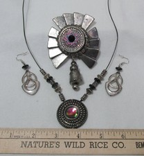 Beaded Necklace Round Pendant Brooch Dangle Earrings Silver Tone Jewelry Set