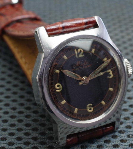 Mido Multifort 3Hands Black Sector Dial Watch 1940's Swizzerland - Afbeelding 1 van 8