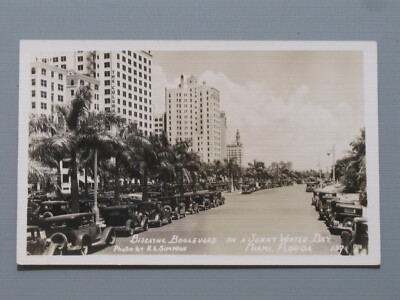 Biscayne Blvd Miami Florida Real Photo Post Card 1930s Cars, Hotels Palm Trees