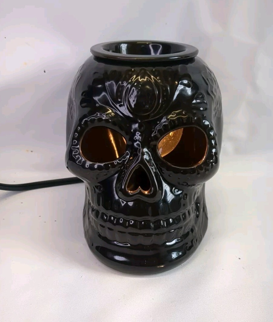 Spooky Black Sugar Skull Wax Warmer for Halloween and Goth Decor