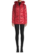 Kendall + Kylie Women's Shiny Long Puffer With Bold Zipper Detail, Red, Xs
