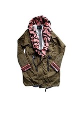 Maison Scotch Khaki Green Shawl Collar Parka Coat Neon Pink Cuff Uk 10 Size 1