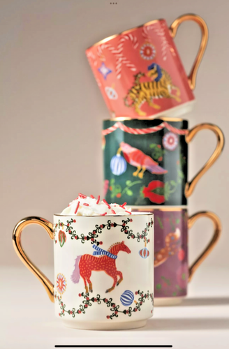 ANTHROPOLOGIE JUNIPER CANDYCANE TIGER CHRISTMAS HOLIDAY STONEWARE MUG CUP CORAL - Picture 2 of 5