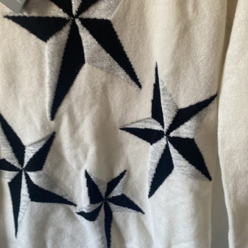 NWT Neiman Marcus Womens Ivory Black Star Cashmere Blend Pullover Sweater Sz XS - Picture 2 of 9