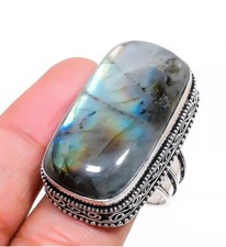 NATURAL CUSHION FIRE BLUE LABRADORITE 925 STERLING SILVER RING 9.5 FILIGREE