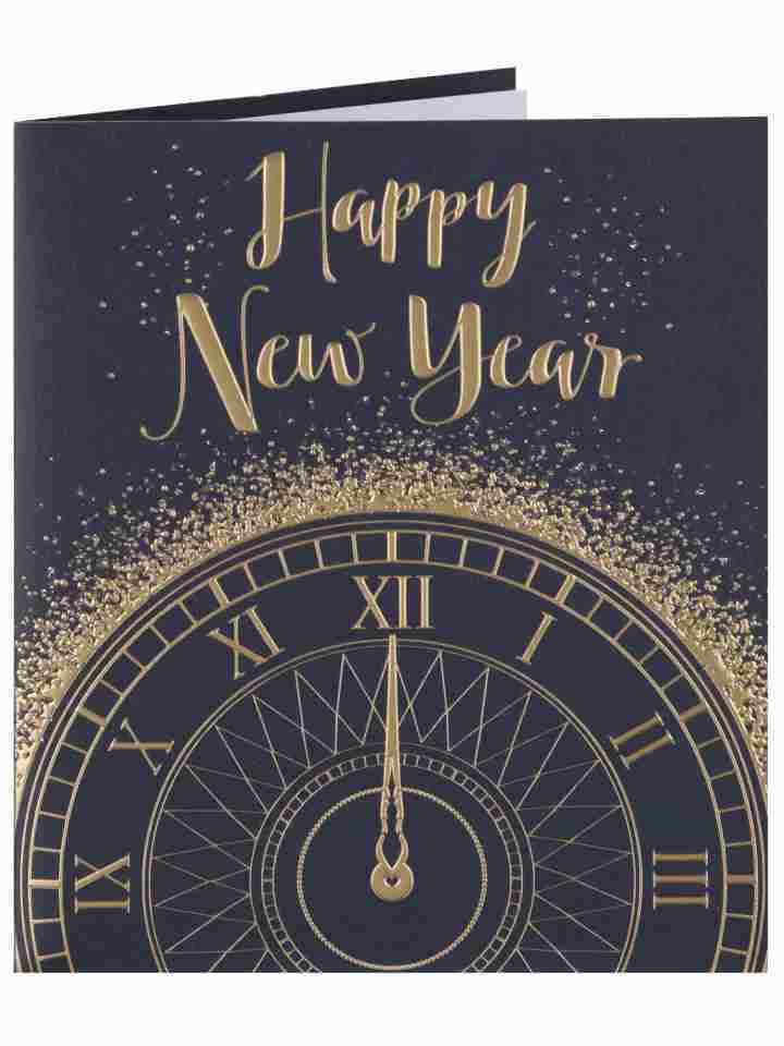 Happy New Year - Classic Clock Glitter Christmas Greeting Card