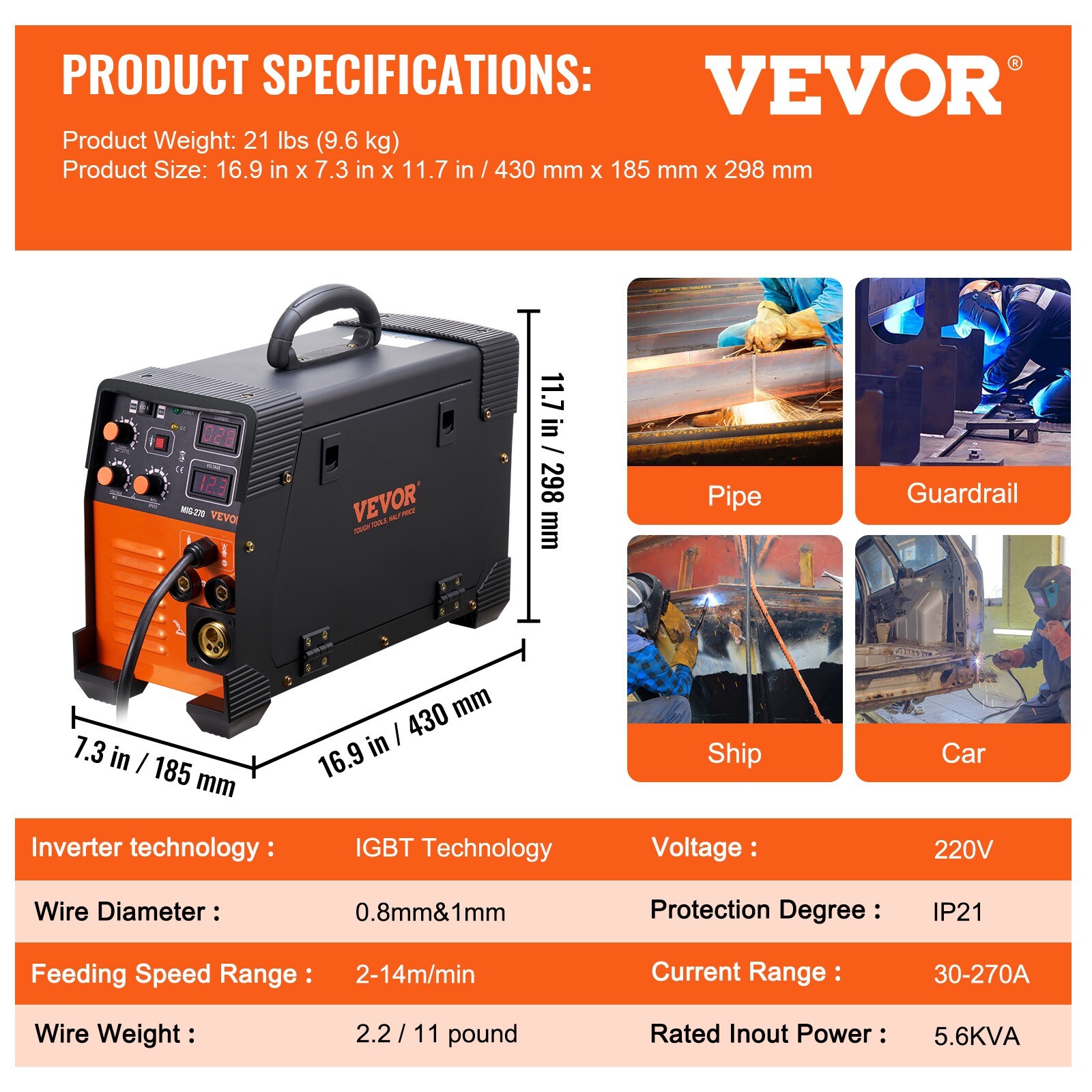 VEVOR Mig Welder Welding Machine 270A MIG MMA LiftTIG 3 In 1 Welder