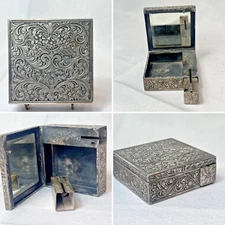 800 Silver Square Compact Rococo Style Etched Powder Trinket Box Push In Liptube