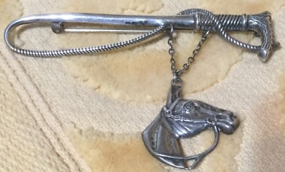 Whip and Horse Head On A Chain Sterling Silver Pin Stockpin