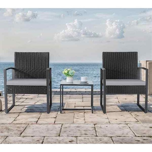 3 Piece Black Patio Furniture Sets Steel Outdoor Bistro Set With Gray Cushion - Picture 2 of 7