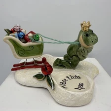 Blue Sky Clayworks 2004 Frog Sleigh Goldminc Christmas Tea Light Holder-Rare