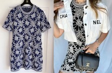 20P CHANEL BLUE ECRU KNIT CAMELLIA CC LOGO MINI DRESS 42
