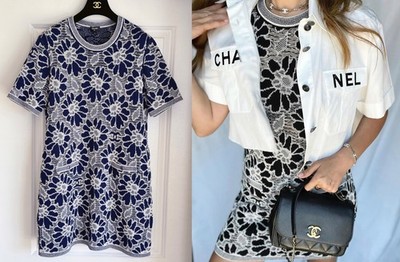 20P CHANEL BLUE ECRU KNIT CAMELLIA CC LOGO MINI DRESS 42
