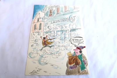 Original Vintage Laundromat Cartoon Ink & Watercolor Illustration Dow Walling