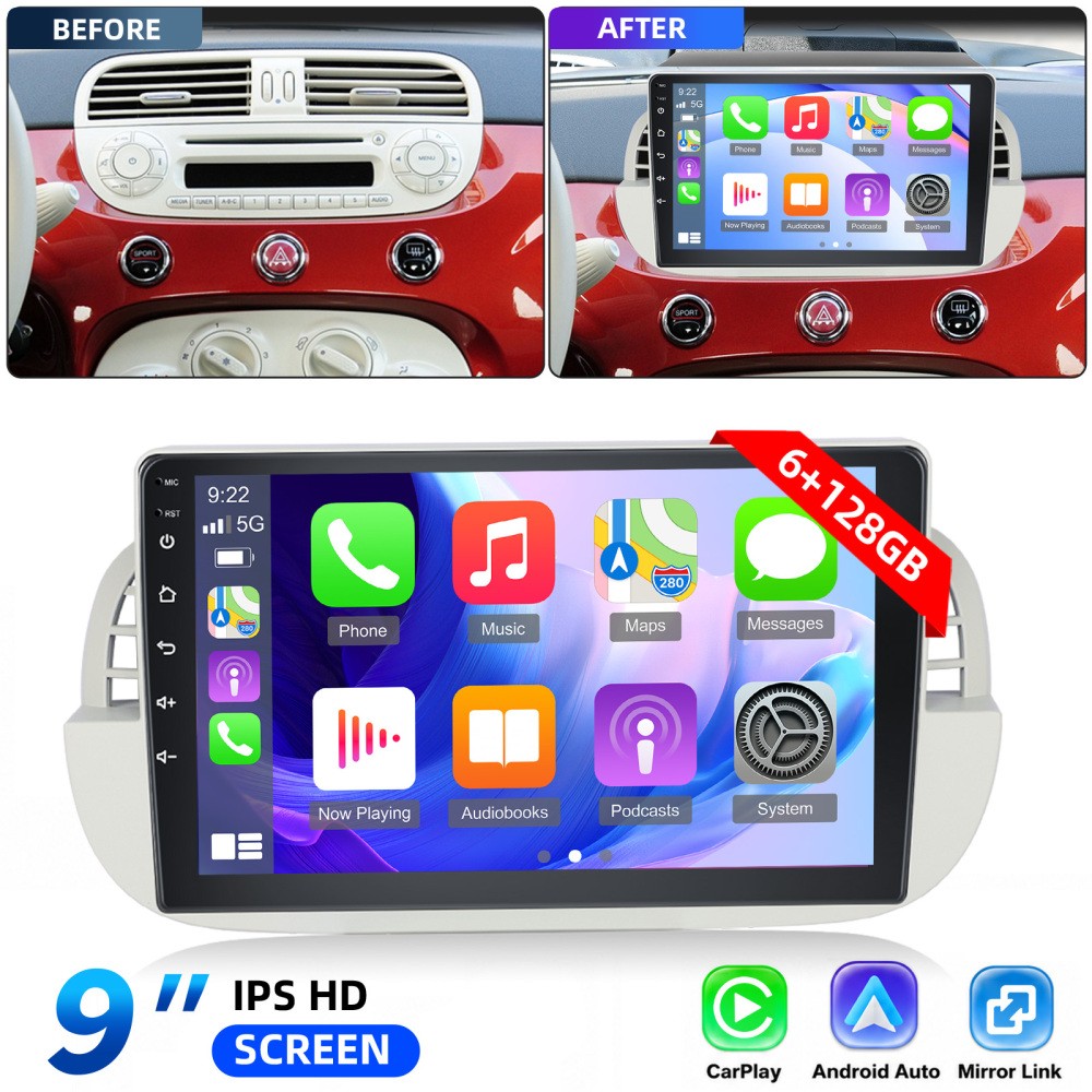 6+128GB CarPlay Android 15 Autoradio GPS Navigatore per Fiat 500 2007-2015 FM RDS SWC