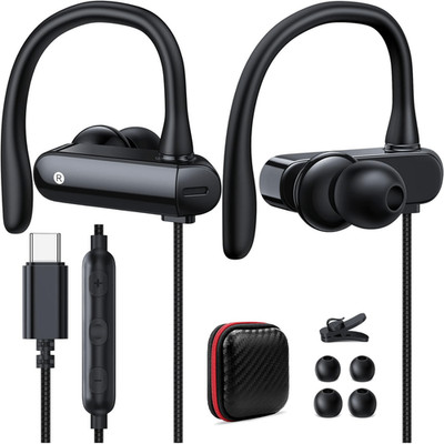 HGCXING USB C Over Ear Headphones Hook Wired Sport Earbuds Black
