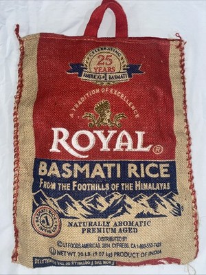 Royal Basmati Rice Bags Burlap Sacks 20lb Tote Zipper Pull Missing 17x 14