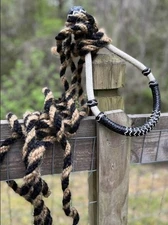 Natural Rawhide Bosal with Black And Tan Horsehair Mecate Bitless Hackamore