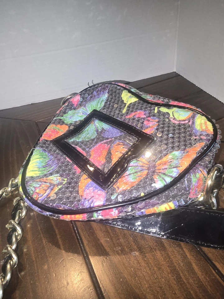 Betsey Johnson Heart Shaped Crossbody Bag Sequins Butterflies Chain Strap - Image 2 of 4