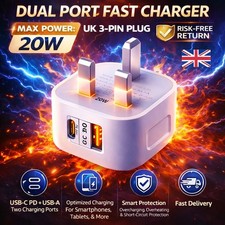 Fast Charging Dual Port Plug 20W - Type C & USB A Charger Adapter for UK Device
